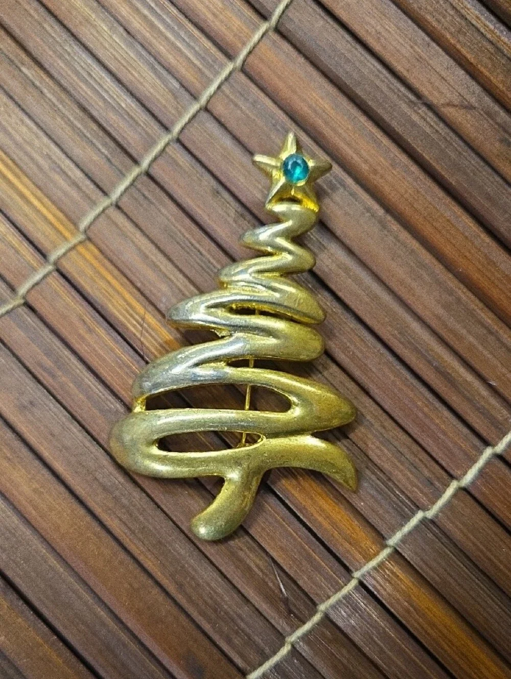 Gold-tone Christmas Tree Brooch with Green Gem Accent